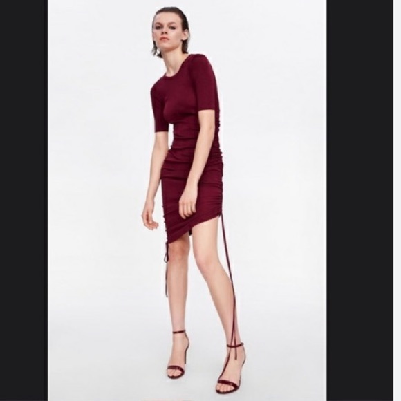 Zara Knit Burgundy Drawstring Midi Bodycon Dress - Picture 2 of 10